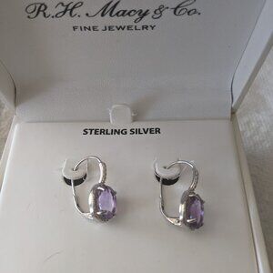 Authentic sterling silver genuine amethyst with diamond earrings